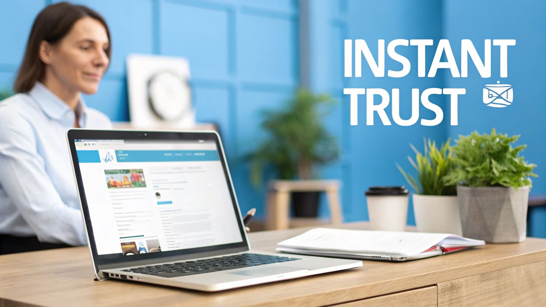 A woman sits at a desk with a laptop, plants, and coffee cups, displaying 'INSTANT TRUST' text.