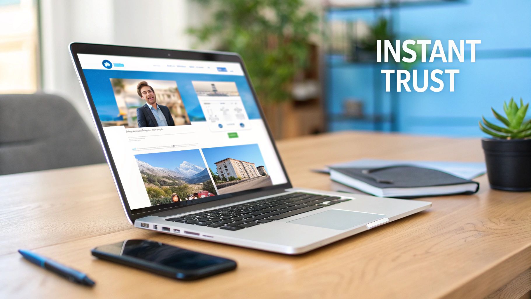 A laptop on a wooden desk displays a website with images of a man, mountains, and a building.