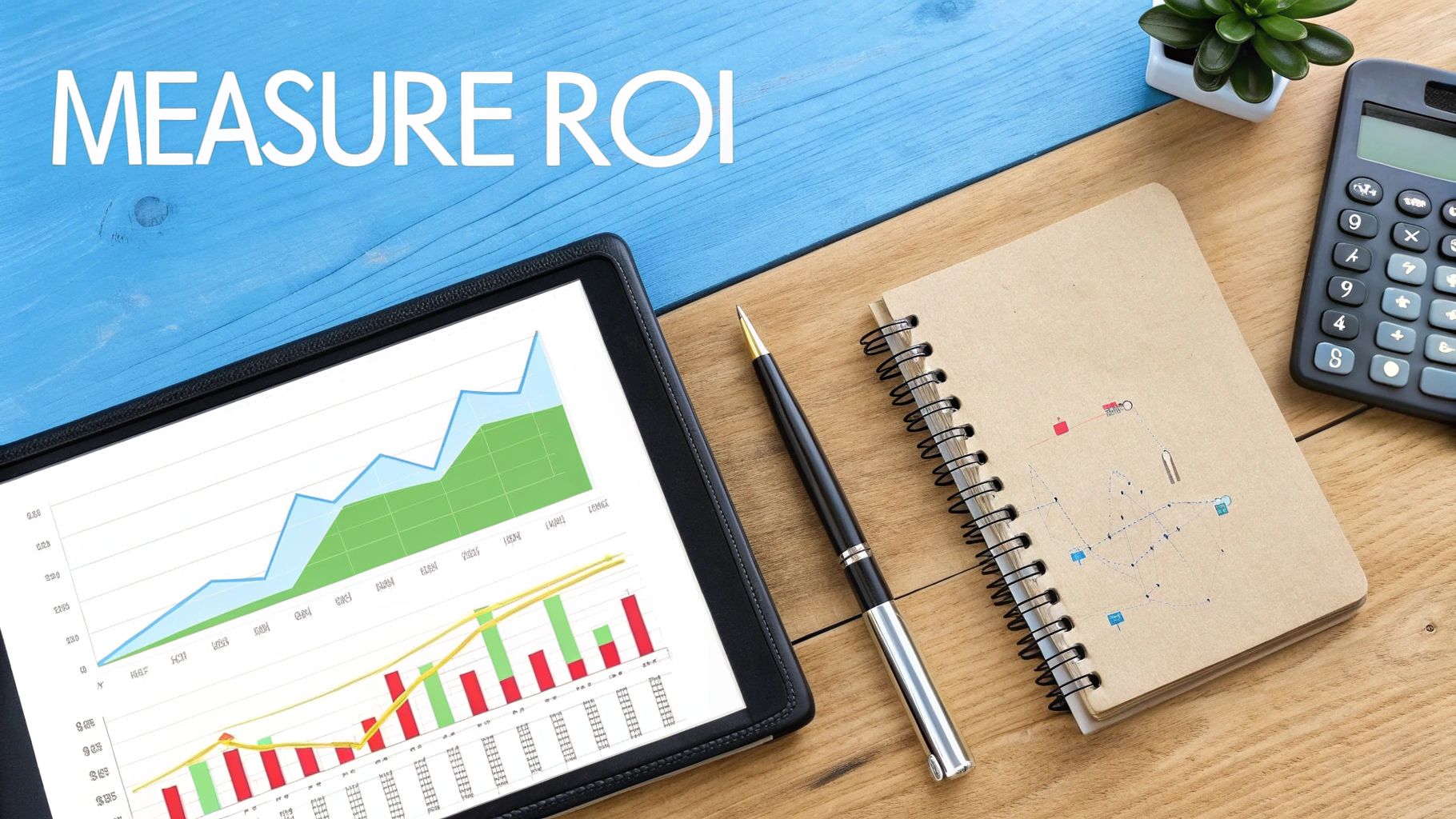 A desk with a tablet displaying graphs, a pen, notebook, calculator, and 'MEASURE ROI' text.