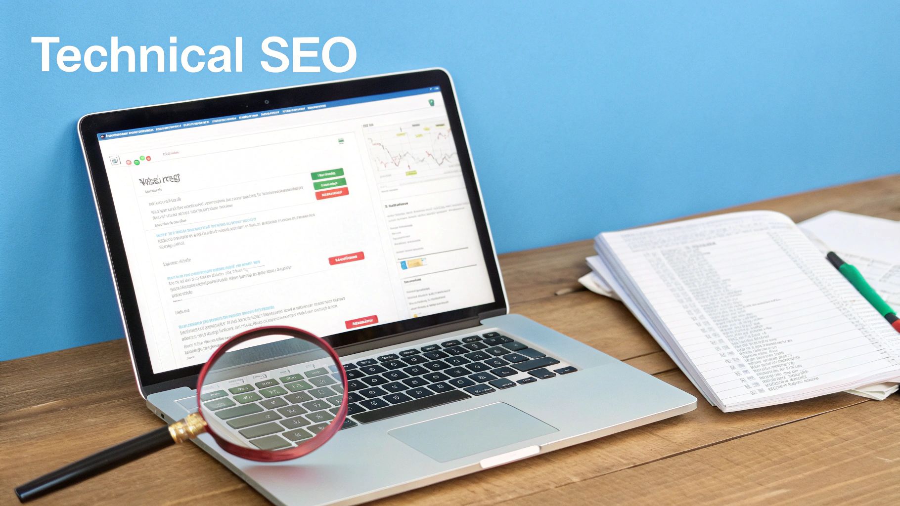 Laptop displaying a technical SEO dashboard with a magnifying glass, notebook, and pen on a wooden desk.