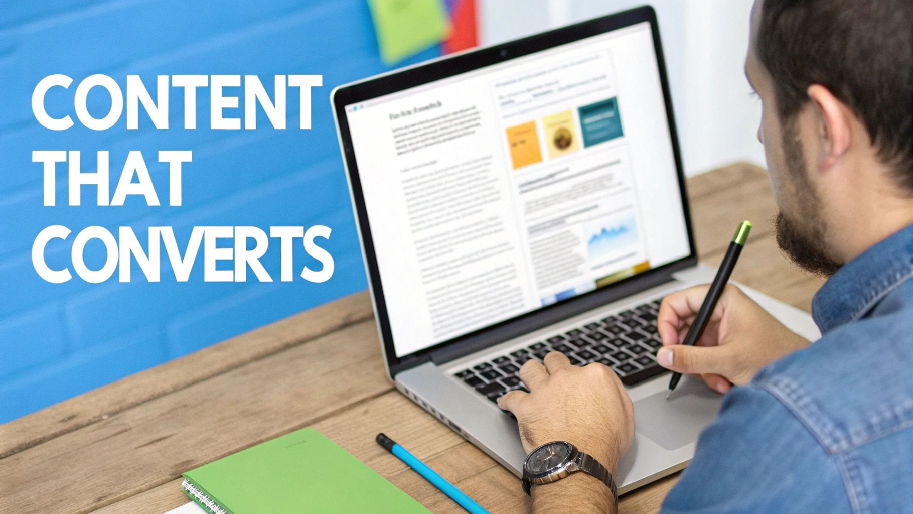 A person types on a laptop displaying website content, with 'CONTENT THAT CONVERTS' text prominent.