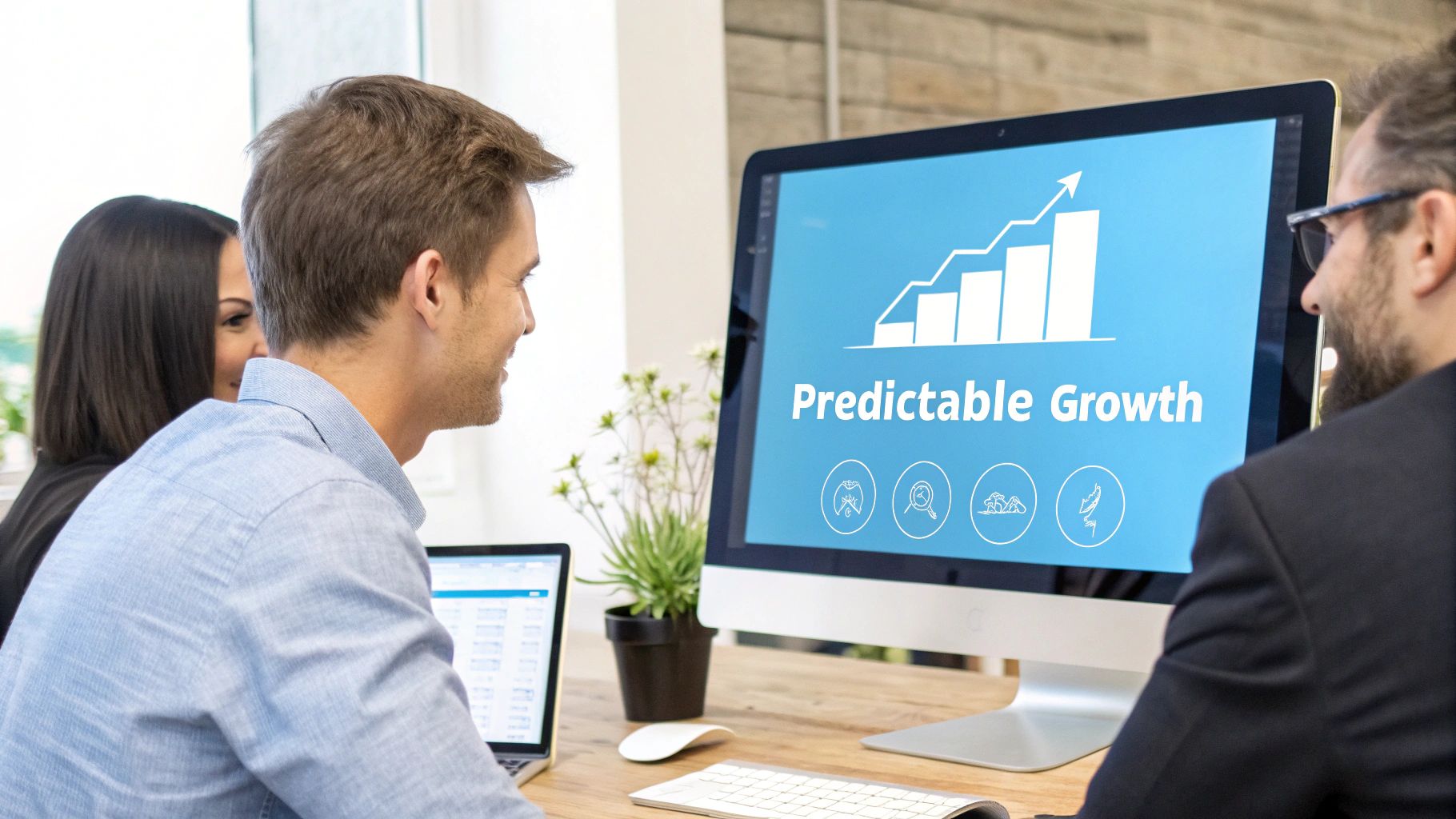 A team of professionals collaborate, viewing a monitor displaying "Predictable Growth" with a rising bar graph.