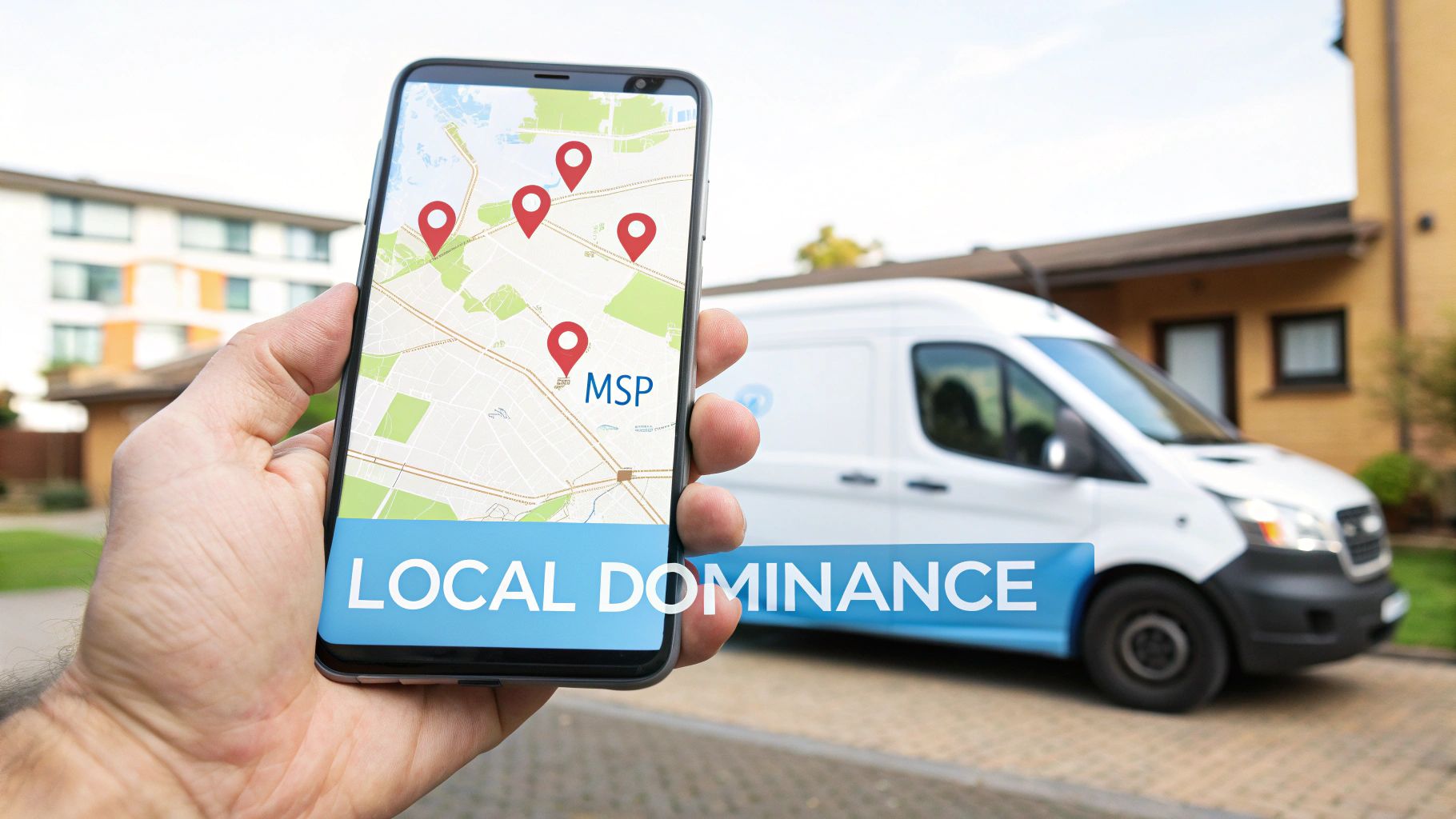 Hand holding a smartphone displaying a map with 'MSP' pins and 'LOCAL DOMINANCE' text, with a delivery van in the background.