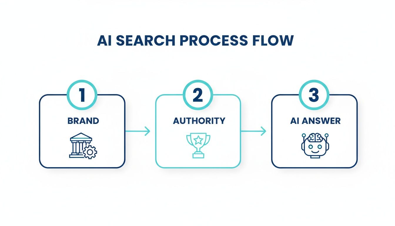 A process flow diagram illustrating the AI search process through brand, authority, and AI answer stages.