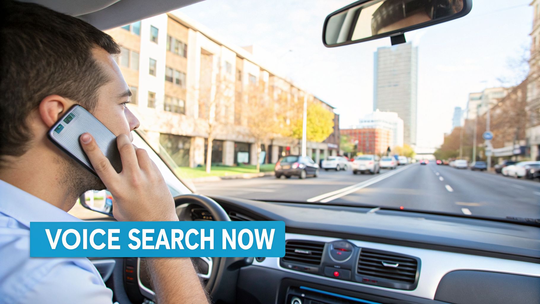 A man driving a car holds a smartphone to his ear, with 'VOICE SEARCH NOW' text overlay.