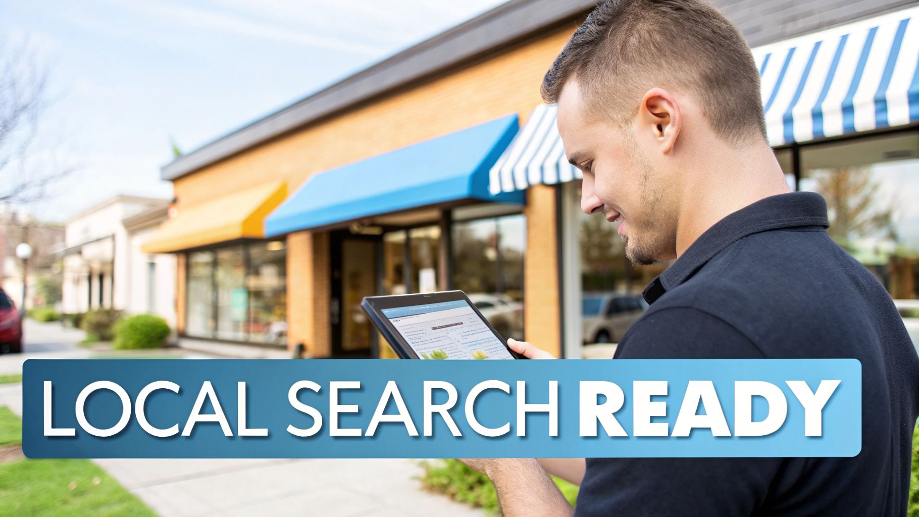 A man smiles while looking at a tablet displaying data, with blurred storefronts and a "LOCAL SEARCH READY" banner.