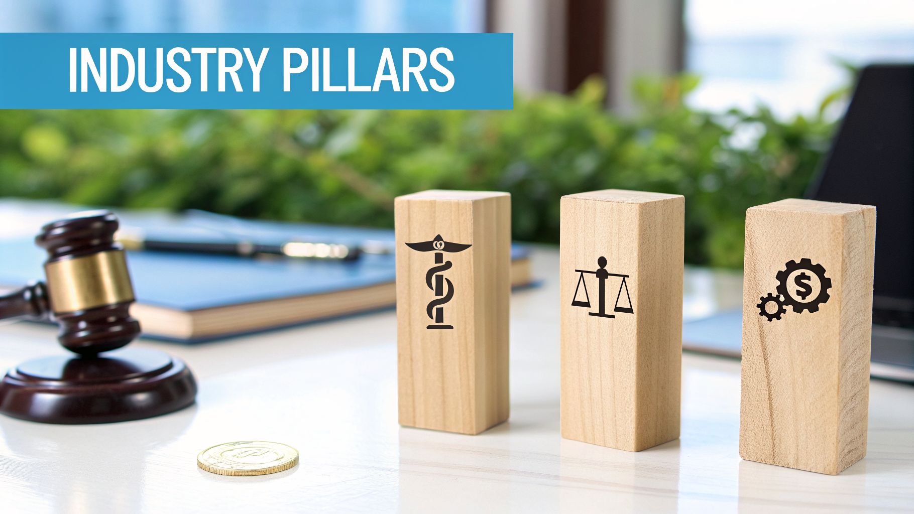 Wooden blocks symbolize industry pillars: healthcare, law, and business, with a gavel and coin.