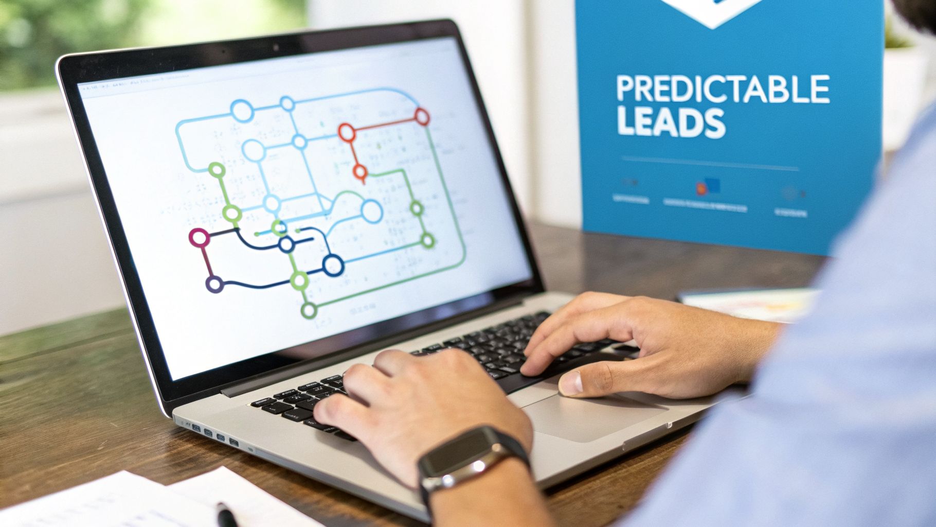 A person's hands typing on a laptop displaying a colorful diagram, with a blue sign saying 'PREDICTABLE LEADS' in the background.