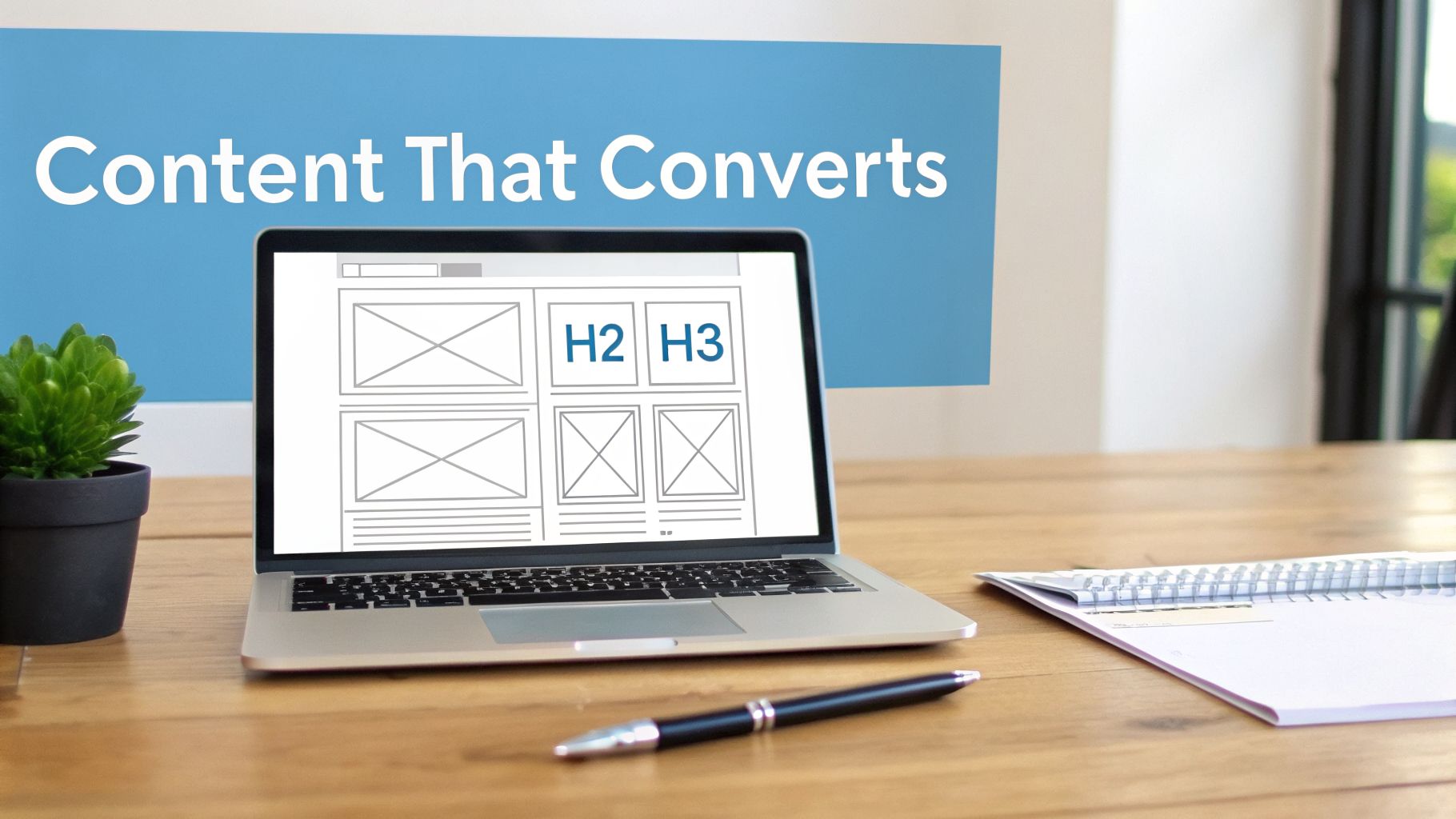 Laptop on a wooden desk displaying a website wireframe with H2 H3 headings and a 'Content That Converts' banner.