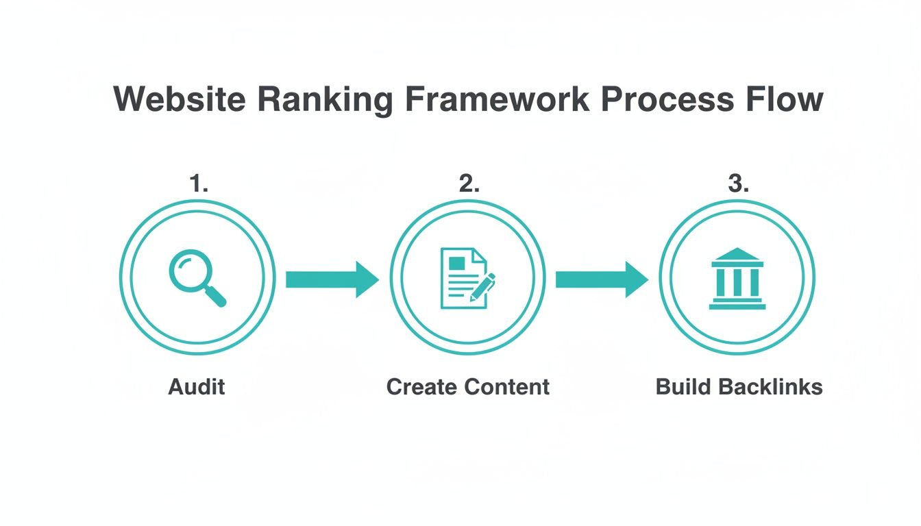 A three-step process flow for website ranking framework: Audit, Create Content, and Build Backlinks.