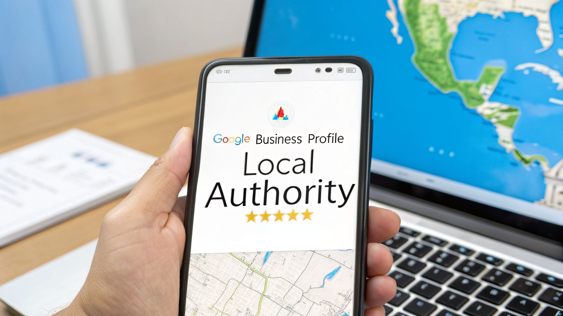 A hand holds a smartphone displaying Google Business Profile, Local Authority, and a five-star rating.