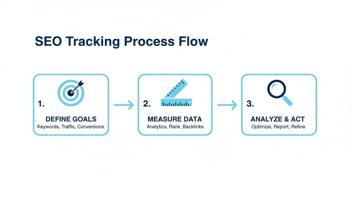 Diagram illustrating the 3-step SEO tracking process: define goals, measure data, and analyze & act.