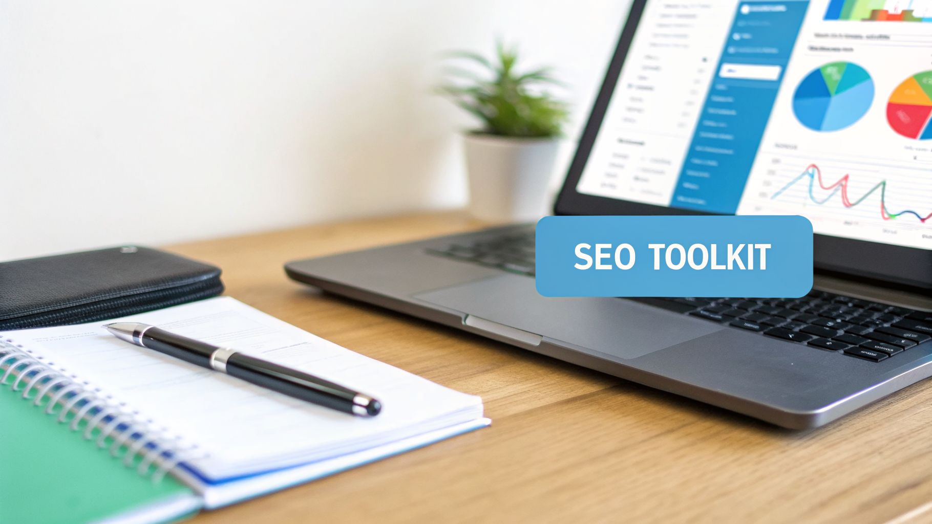 Laptop displaying SEO performance charts with 'SEO TOOLKIT' overlay, a notebook, pen, and wallet on a desk.