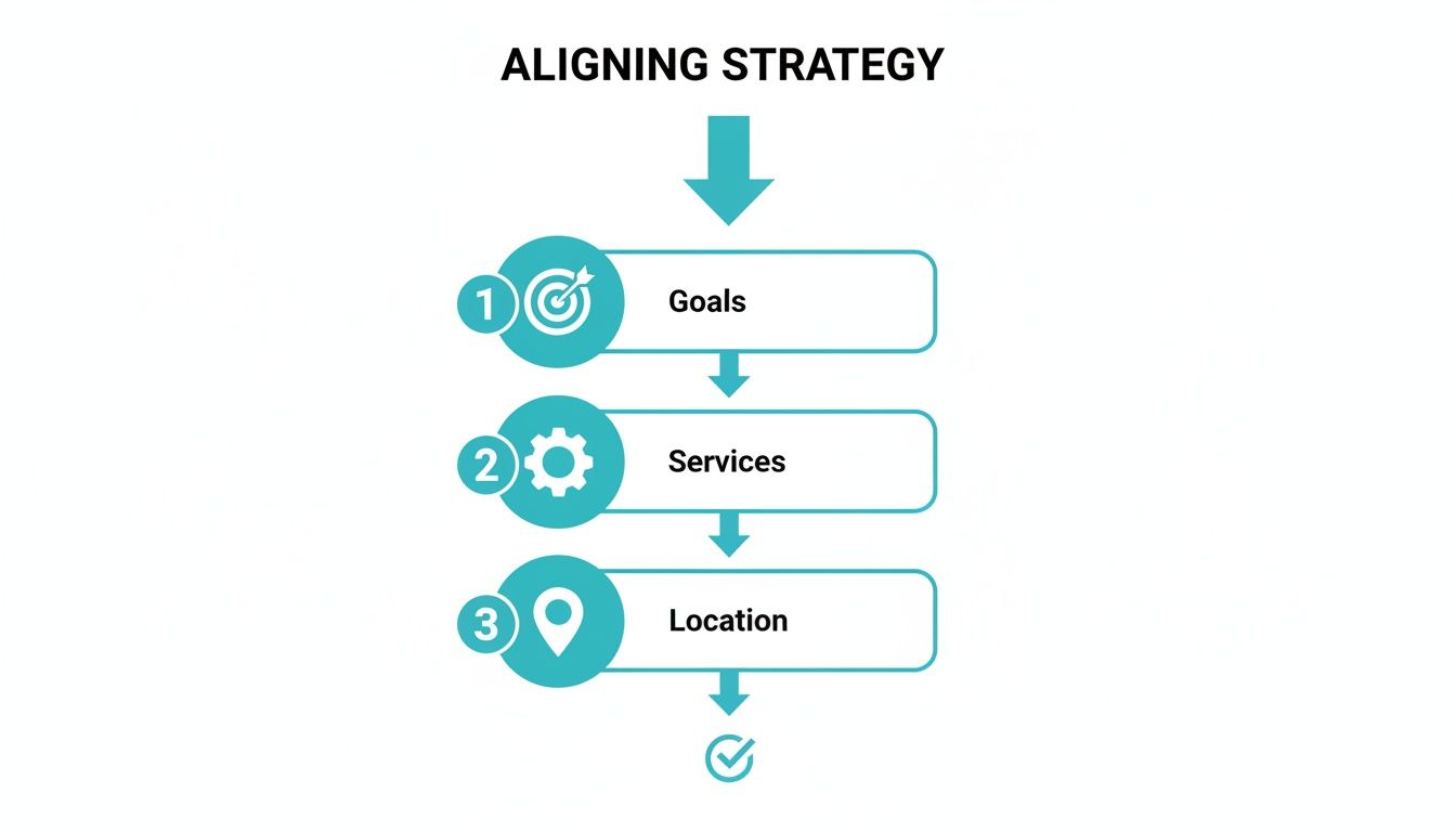 Flowchart illustrating the steps for aligning strategy, including goals, services, and location.
