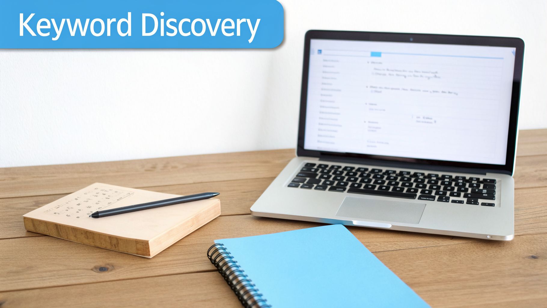 Laptop, notebooks, and pen on a wooden desk, displaying 'Keyword Discovery' for SEO research.