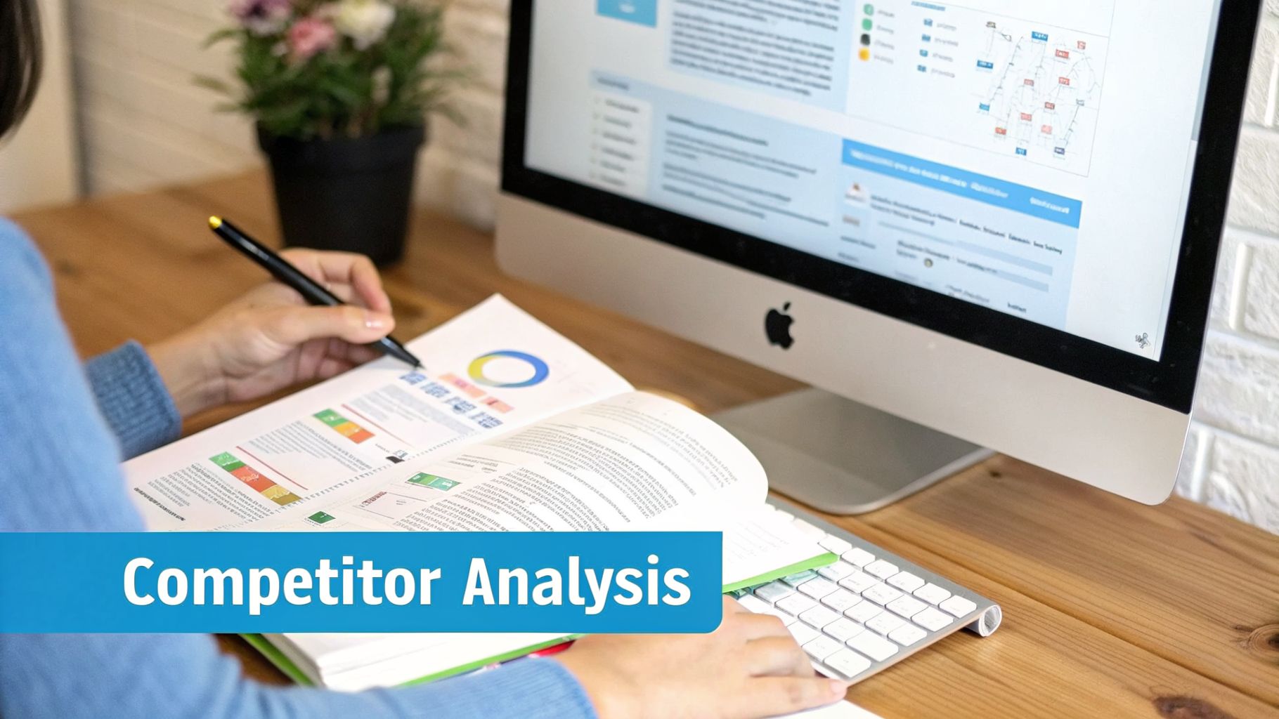 A person analyzes competitor data on a document and computer screen at a wooden desk.