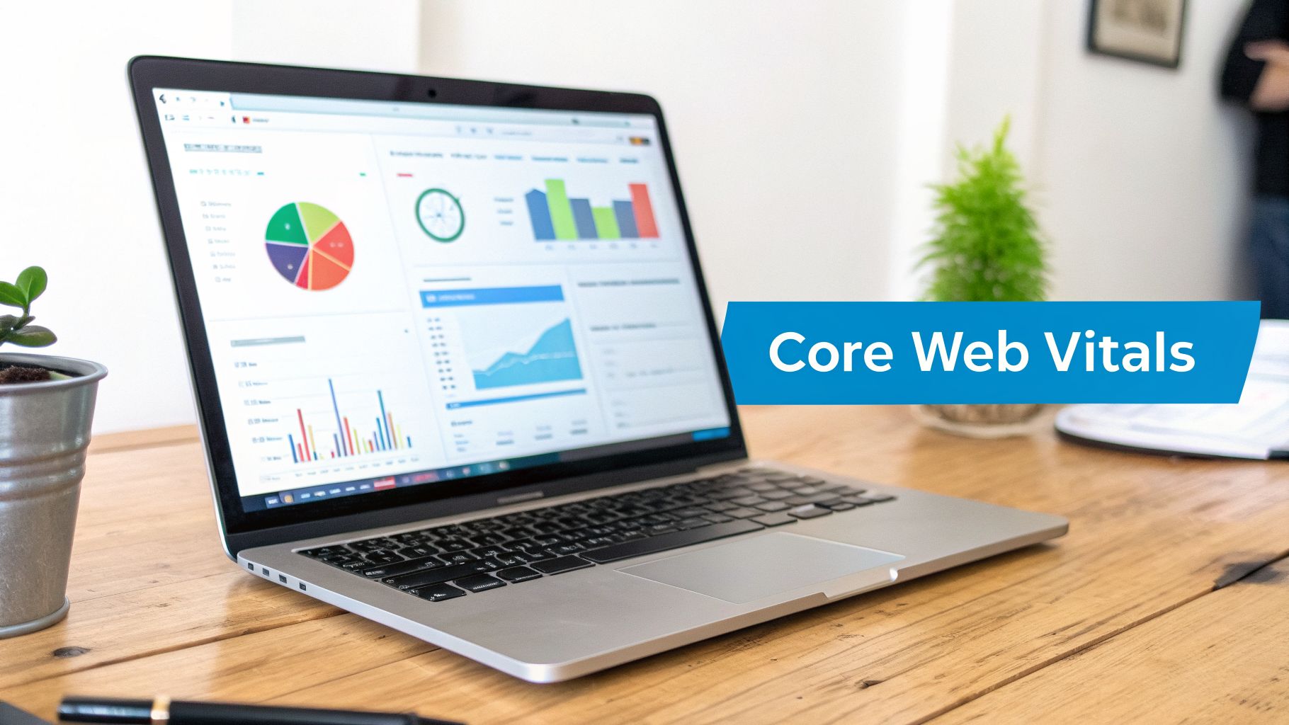 Laptop displaying web performance metrics, charts, and graphs on a wooden desk with 'Core Web Vitals' banner.