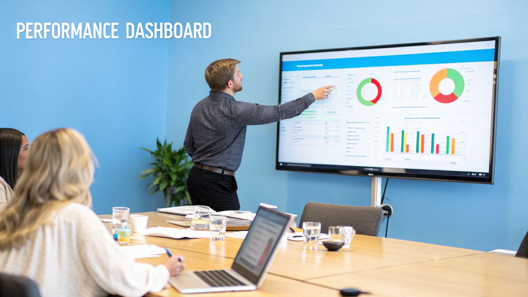 A man presents a performance dashboard on a large screen to colleagues in a bright meeting room.
