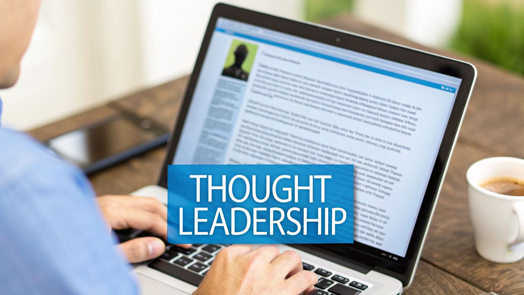 Person typing on a laptop with 'Thought Leadership' banner, showing content and a coffee cup.