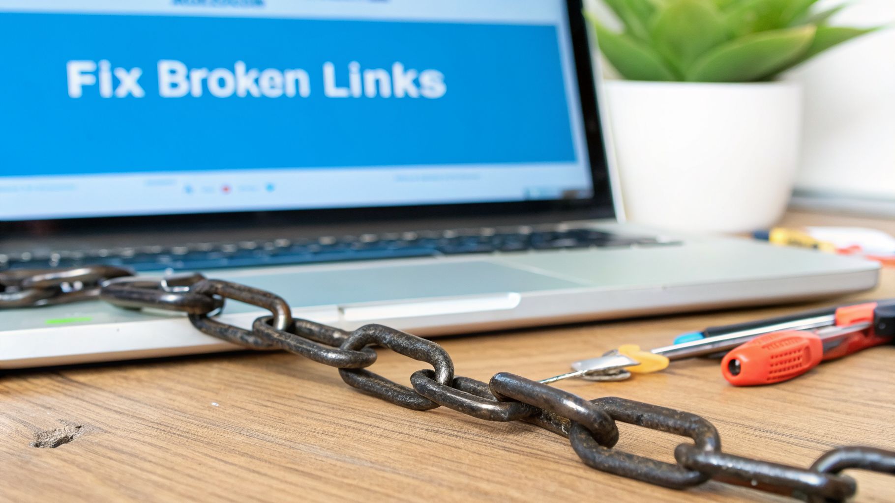 A laptop displaying "Fix Broken Links" on its screen with a metal chain symbolizing SEO.