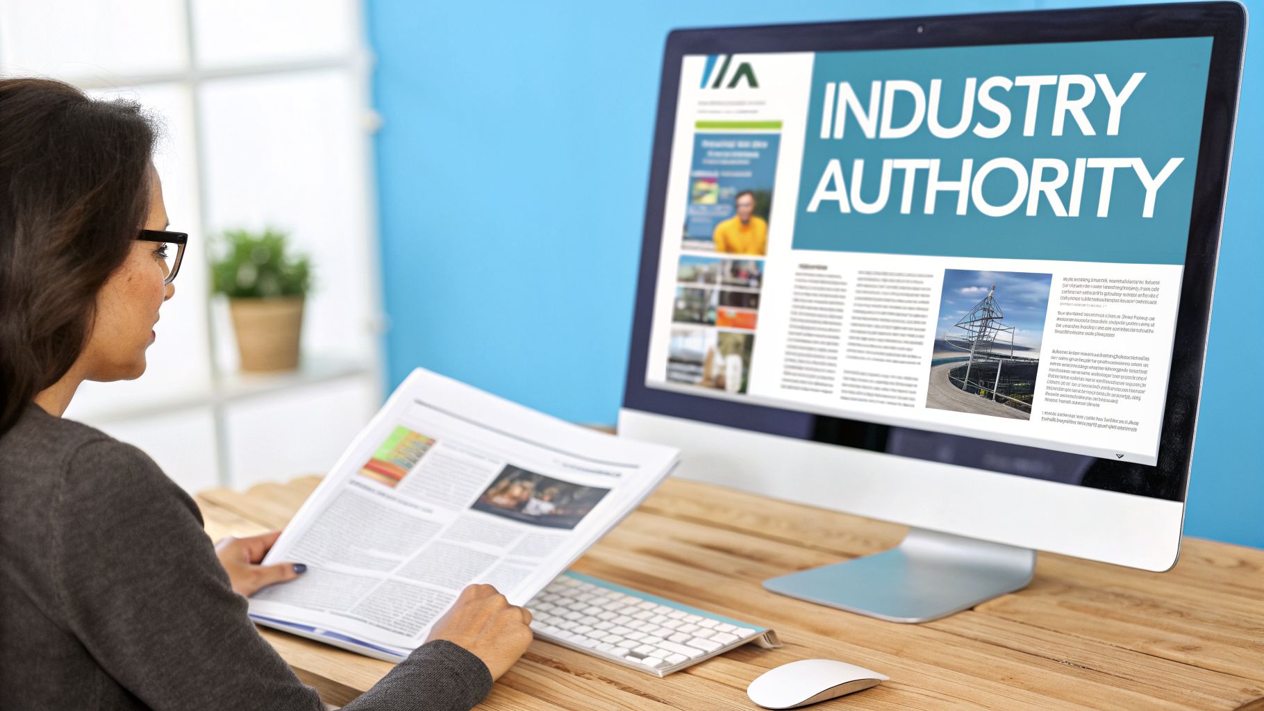 A woman reads a physical newspaper at a wooden desk, while a monitor displays a digital publication.