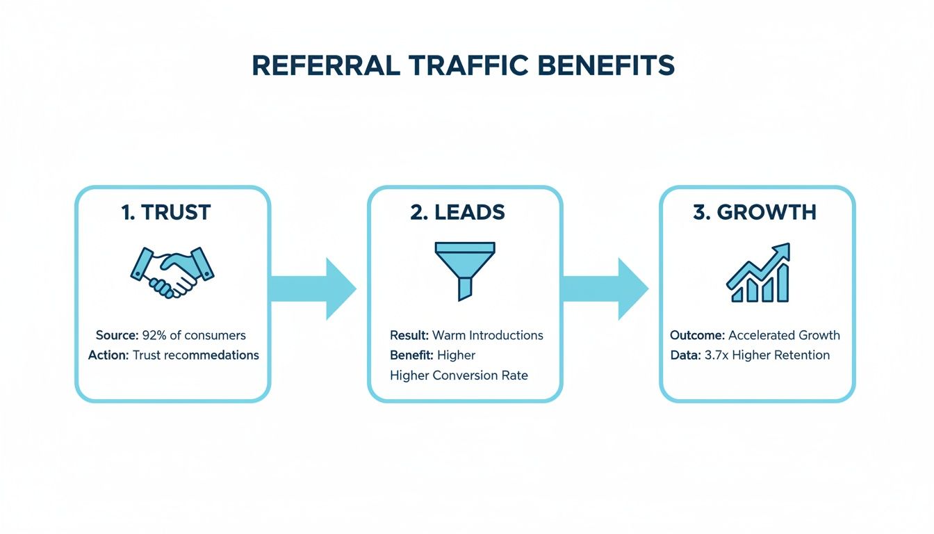 A flow chart illustrating referral traffic benefits, starting with trust, leading to leads, and resulting in accelerated growth.