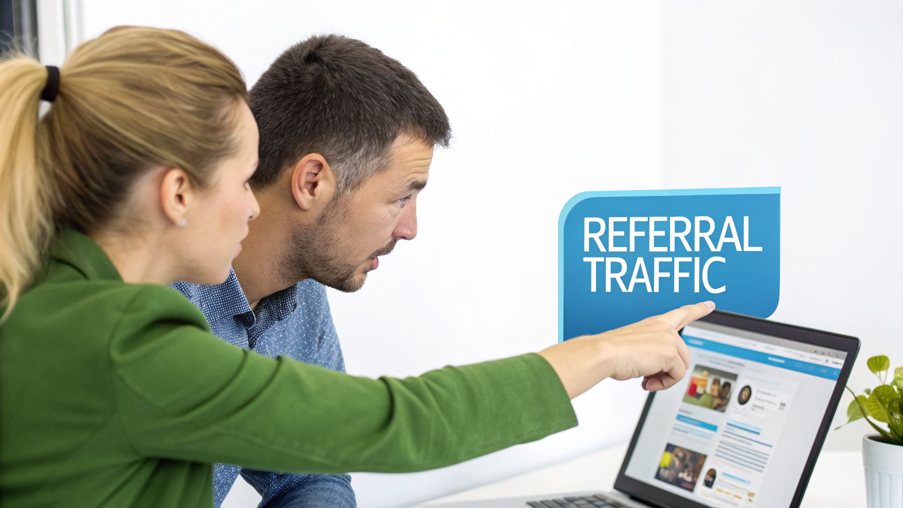 Two people looking at a laptop with 'Referral Traffic' displayed, discussing digital marketing.
