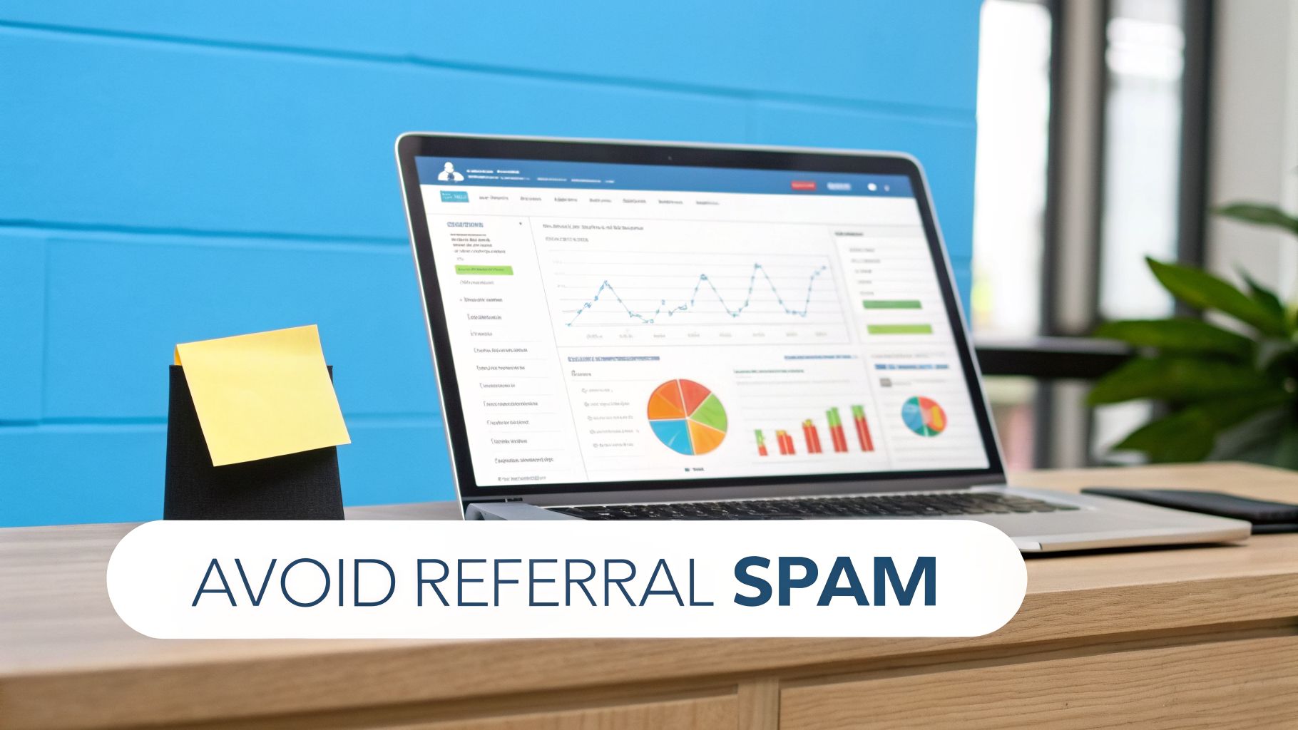 A laptop on a wooden desk displays analytics graphs and charts, with text 'AVOID REFERRAL SPAM'.