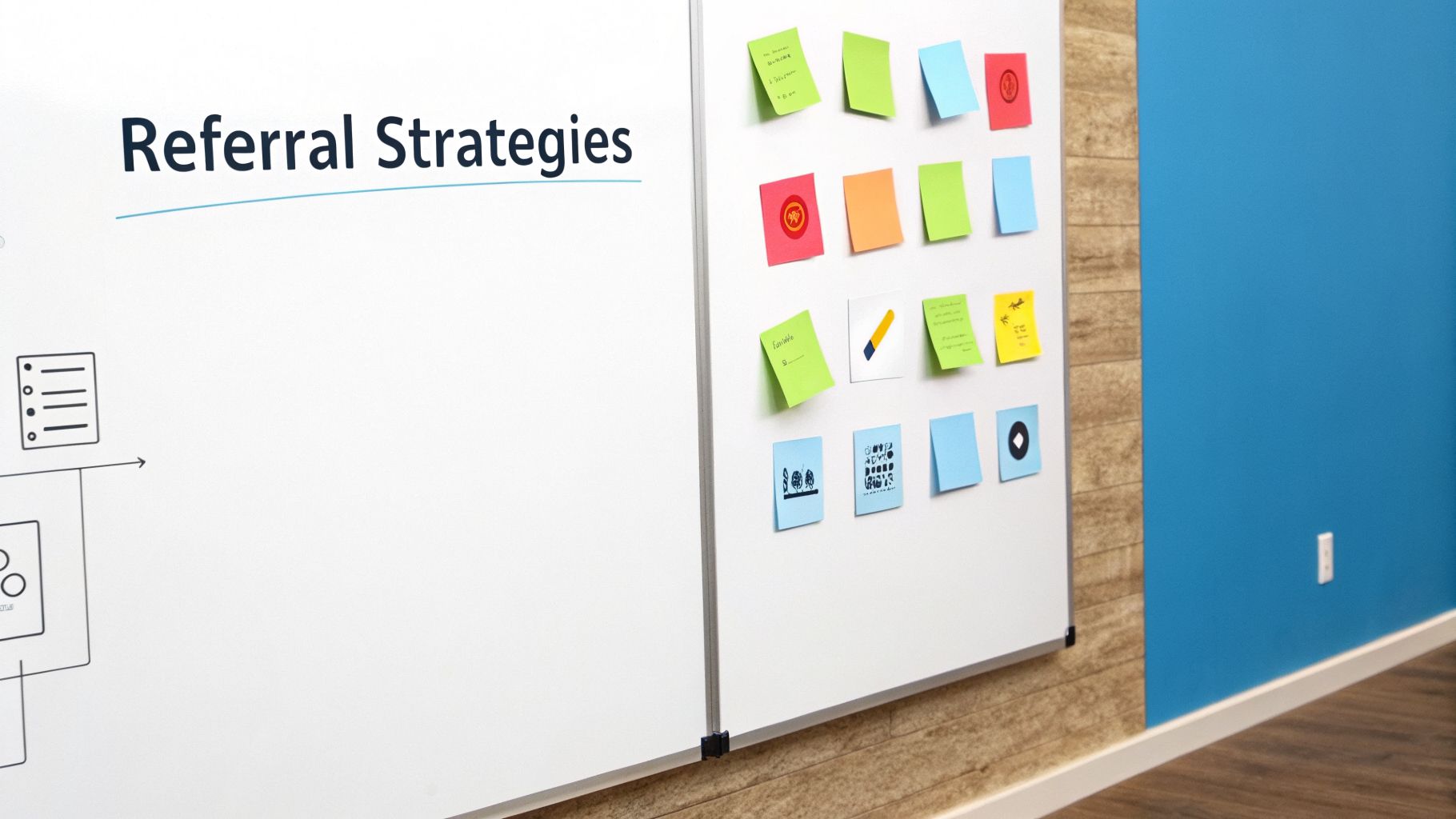 A whiteboard with 'Referral Strategies' written on it, surrounded by colorful sticky notes.