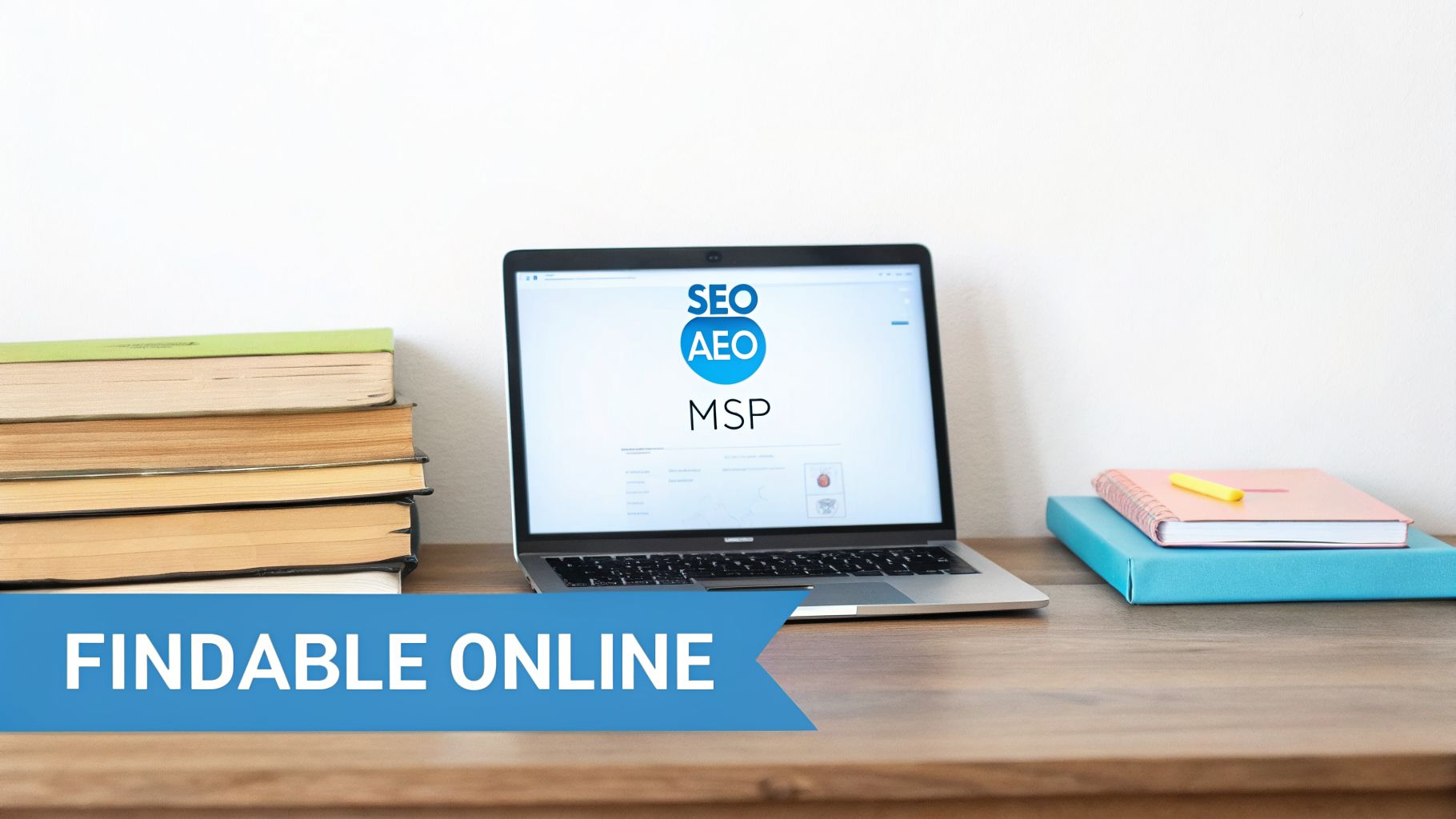 Laptop on desk shows 'SEO AEO MSP' logo, with books and notebooks, featuring 'FINDABLE ONLINE' text.
