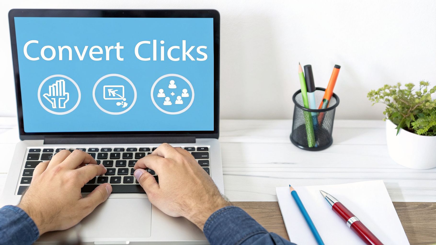 Hands typing on a laptop displaying 'Convert Clicks' and marketing icons, with office supplies on a desk.