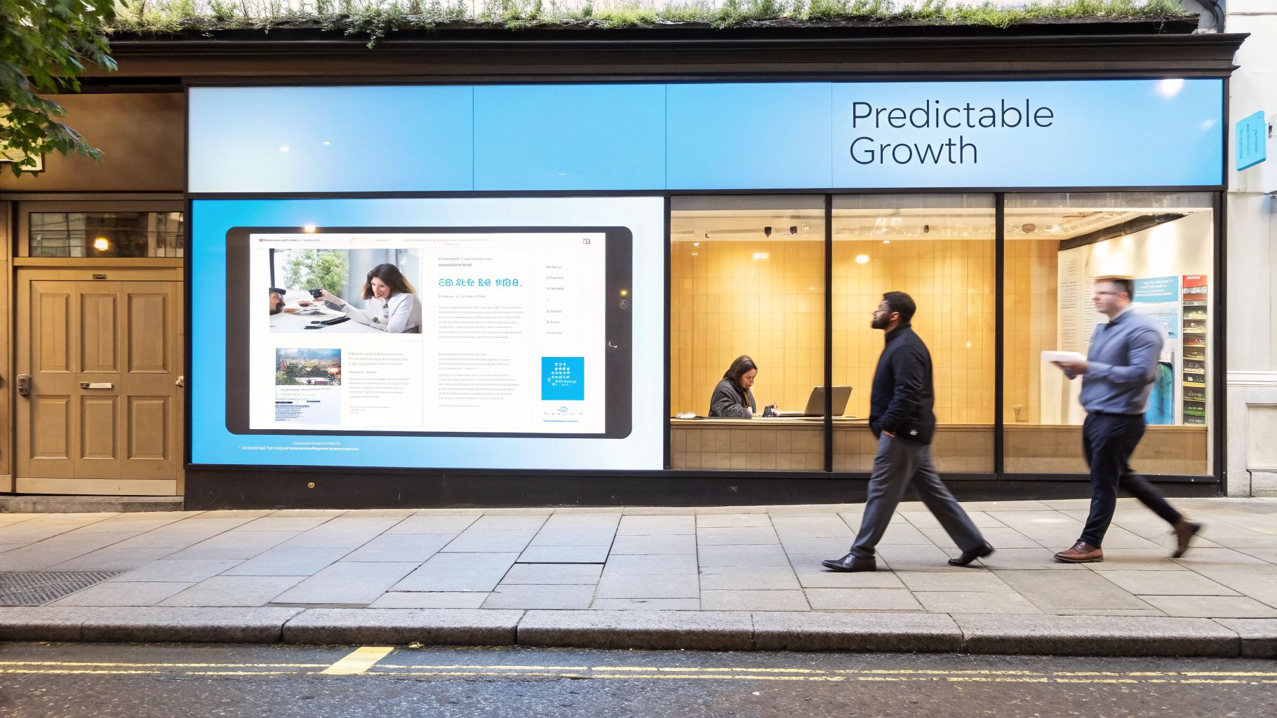 Modern storefront with a large digital display showing a tablet interface and a 'Predictable Growth' sign, with people walking by and working inside.