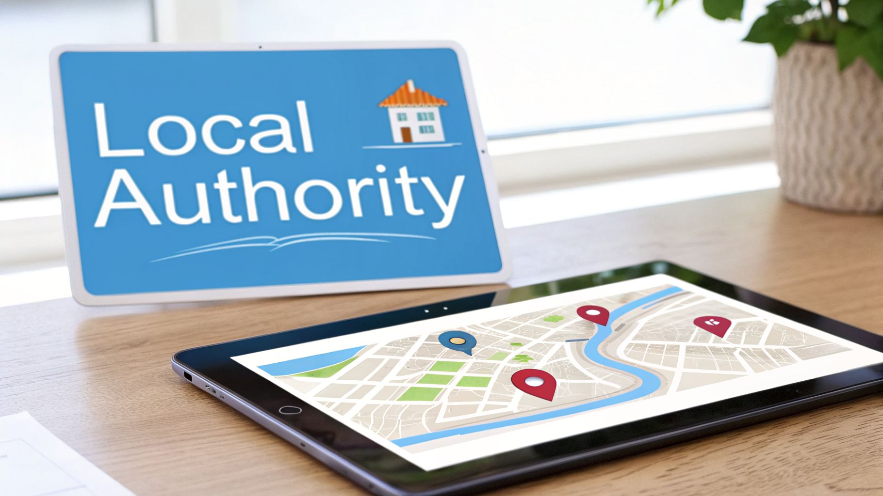 Two digital tablets on a wooden desk, one displaying 'Local Authority' and the other a map with location pins.