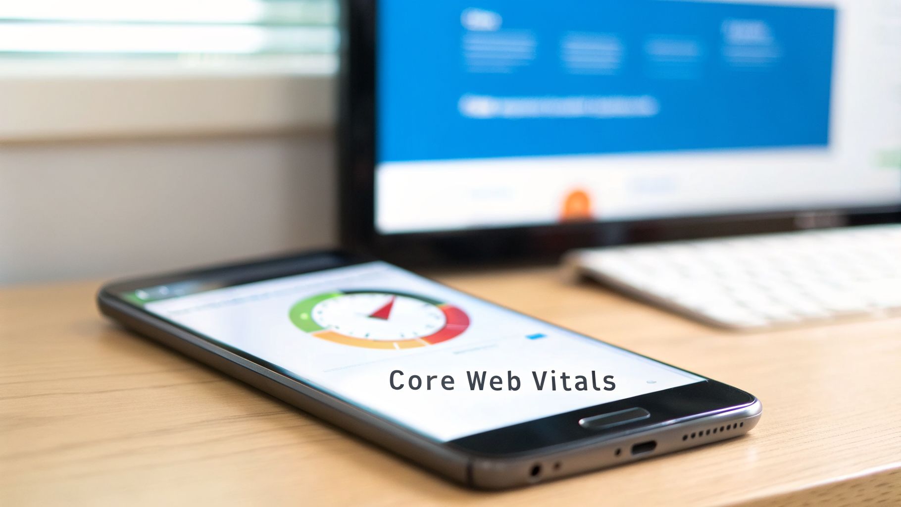 A smartphone displaying Core Web Vitals performance on a wooden desk with a blurred computer monitor.