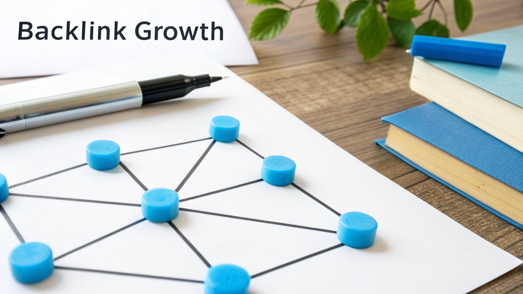 Paper with 'Backlink Growth' title and a network diagram with blue markers, next to a pen and books.