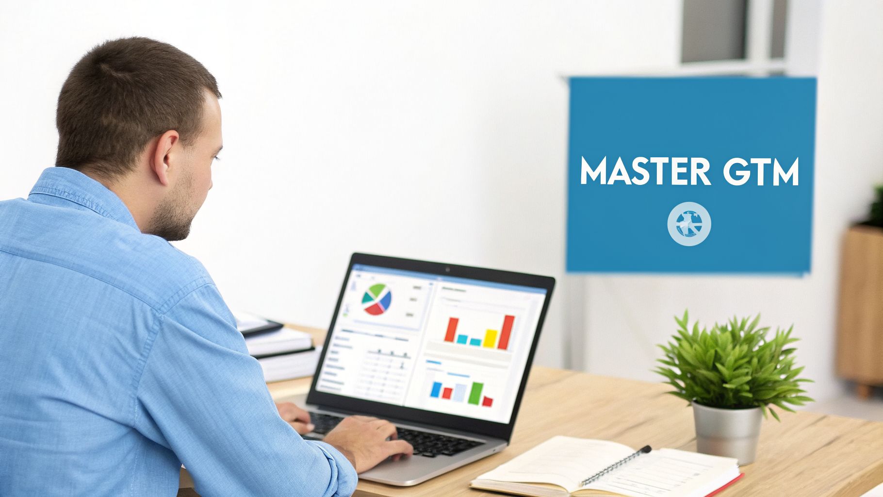 A man in a blue shirt works on a laptop displaying data analytics, with a 'MASTER GTM' sign on the wall.