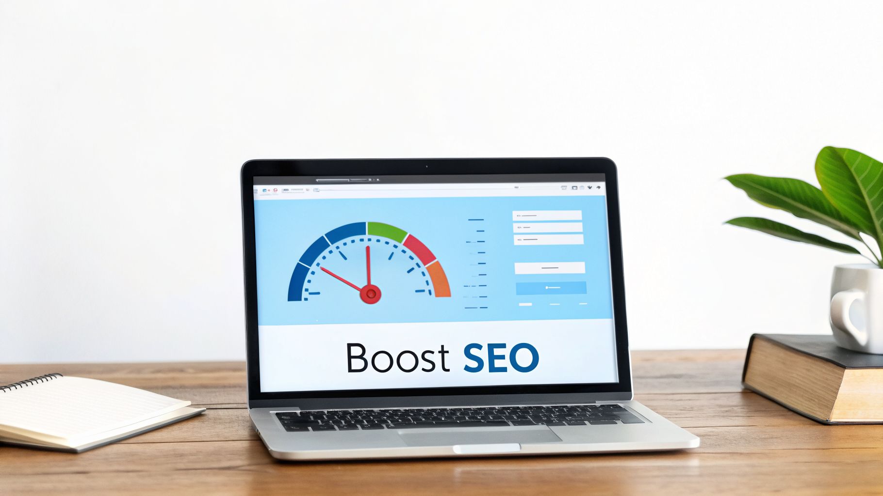 A laptop screen displays 'Boost SEO' with a performance gauge, on a wooden desk with a notebook.