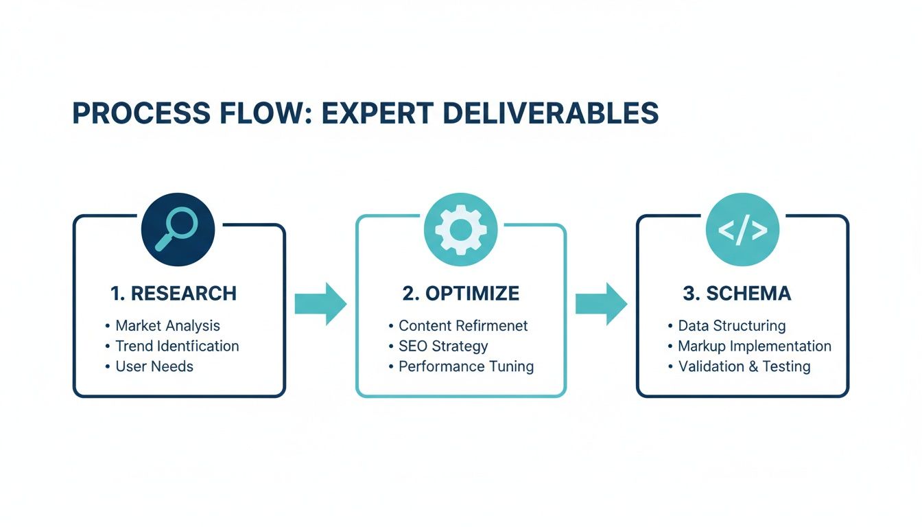 Diagram showing a three-step process for expert SEO deliverables including research, optimize, and schema.