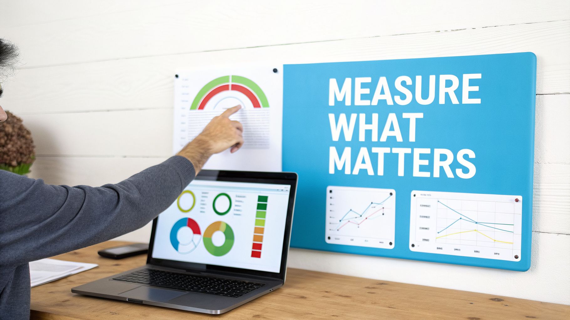 A man's hand points to data visualizations on a whiteboard next to a laptop displaying more charts.