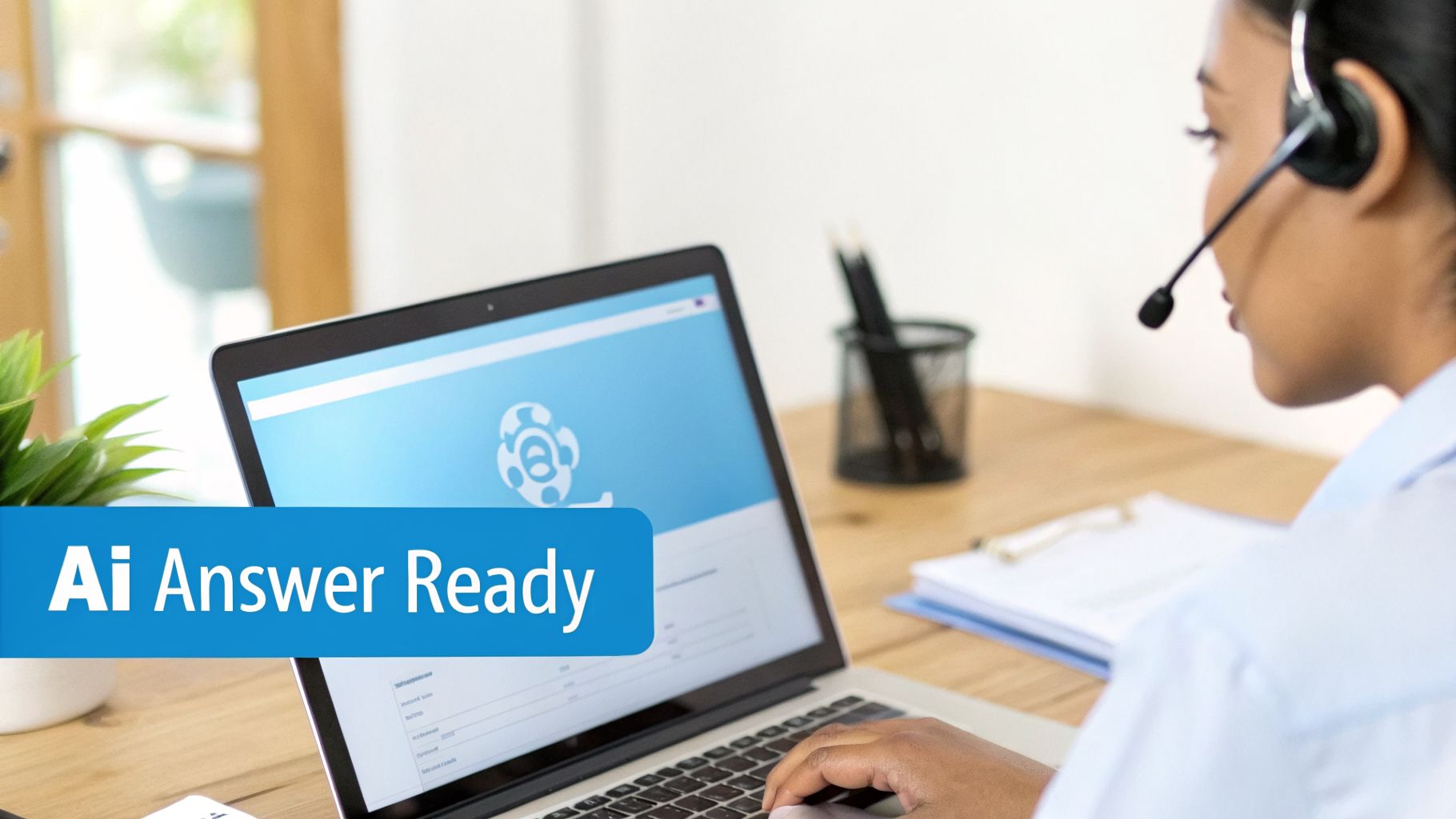 A customer service agent wearing a headset types on a laptop with 'Ai Answer Ready' text.