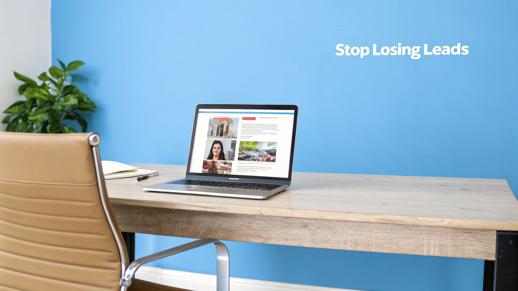 A laptop on a modern wooden desk with an office chair and a green plant, against a blue wall with 'Stop Losing Leads' text.