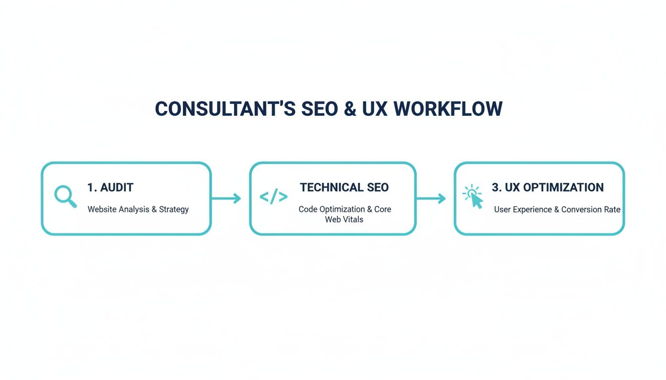 Consultant's SEO and UX workflow diagram showing steps for audit, technical SEO, and UX optimization.