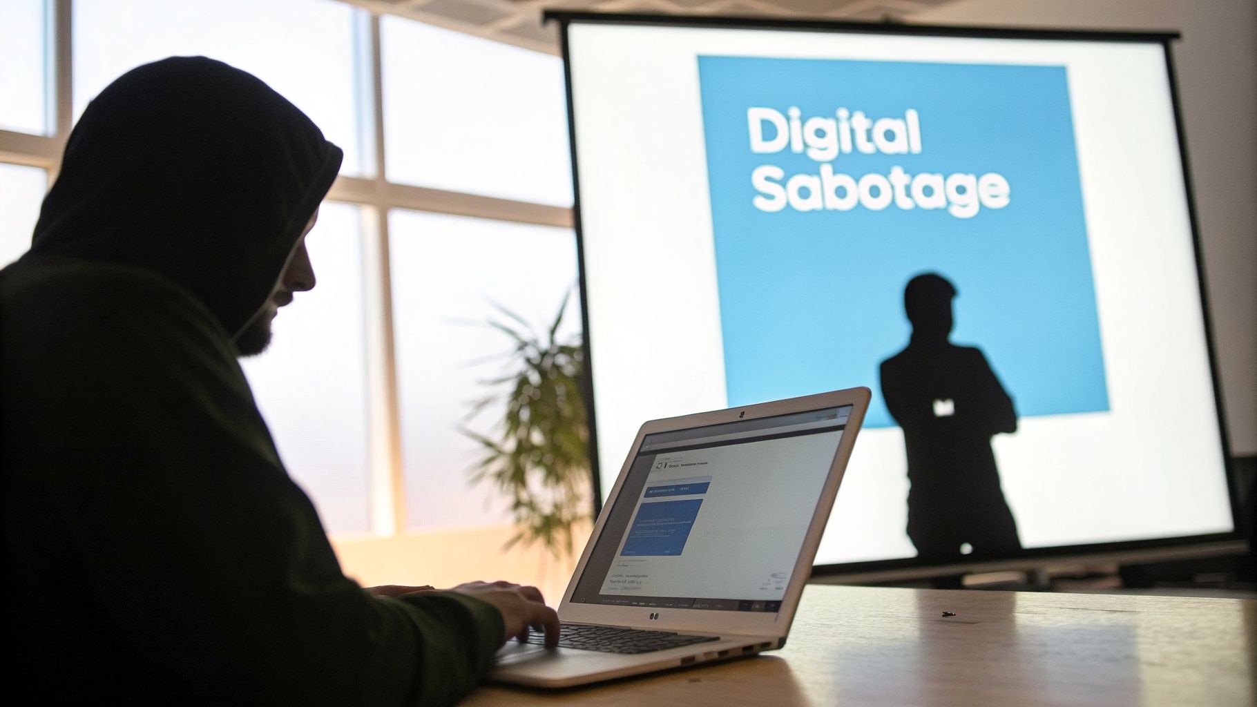 A hooded person typing on a laptop, with 'Digital Sabotage' projected on a screen in the background.