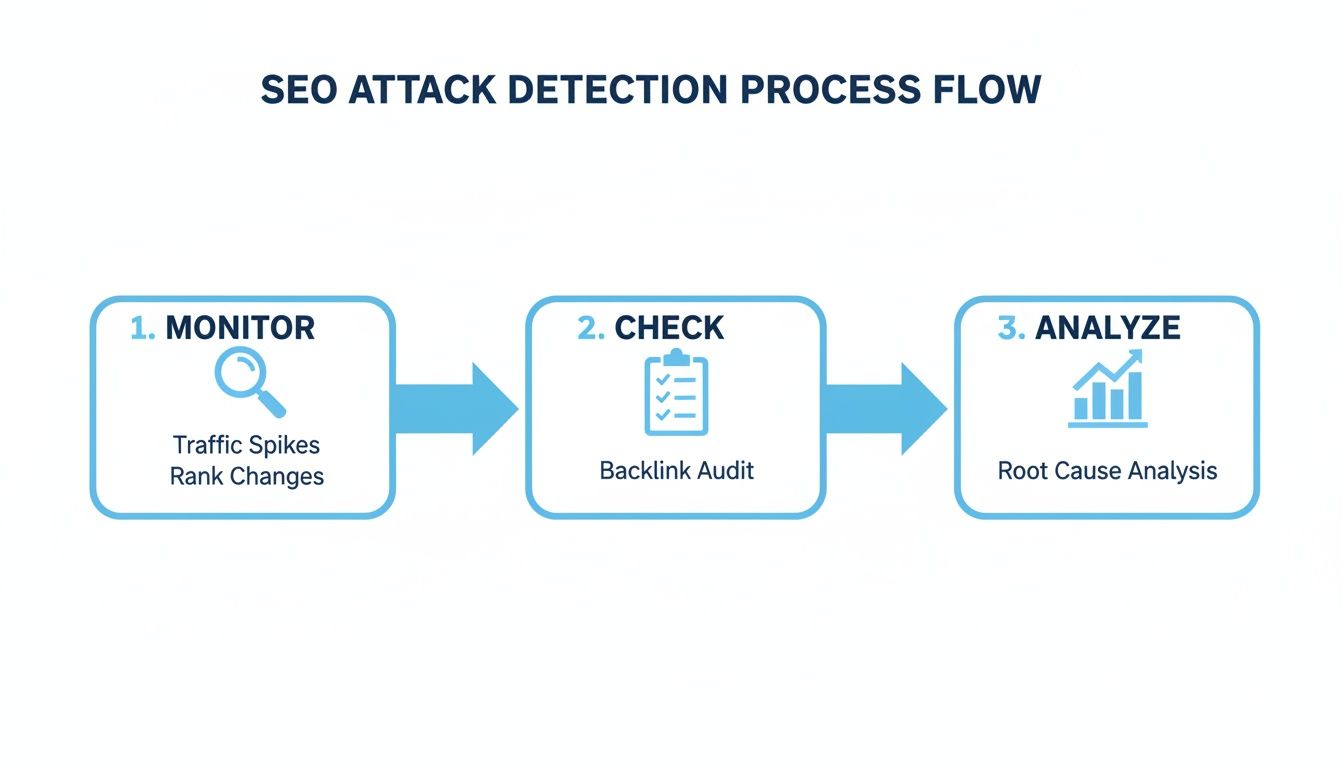 A three-step process flow for SEO attack detection: Monitor, Check, and Analyze.
