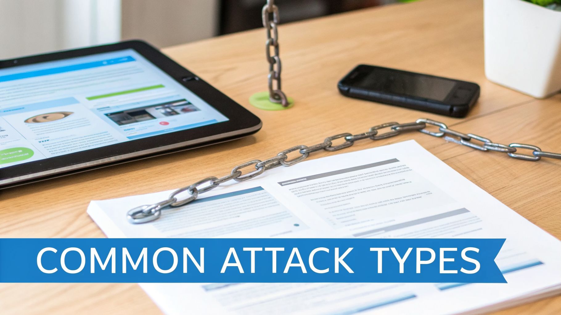 A desk with a tablet, smartphone, documents, and a metal chain, showing 'Common Attack Types'.
