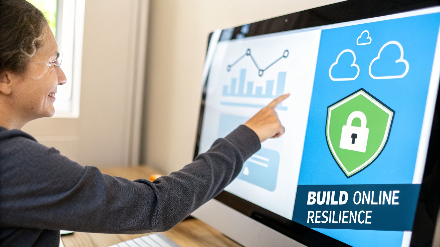 A person points at a computer screen showing charts, cloud icons, and a 'BUILD ONLINE RESILIENCE' message.