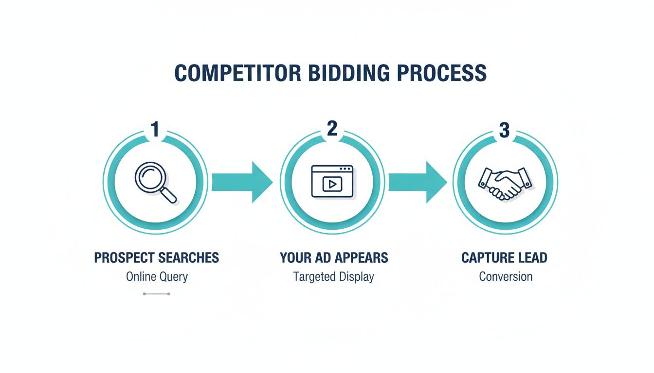 Infographic showing a three-step competitor bidding process from prospect search to lead capture.