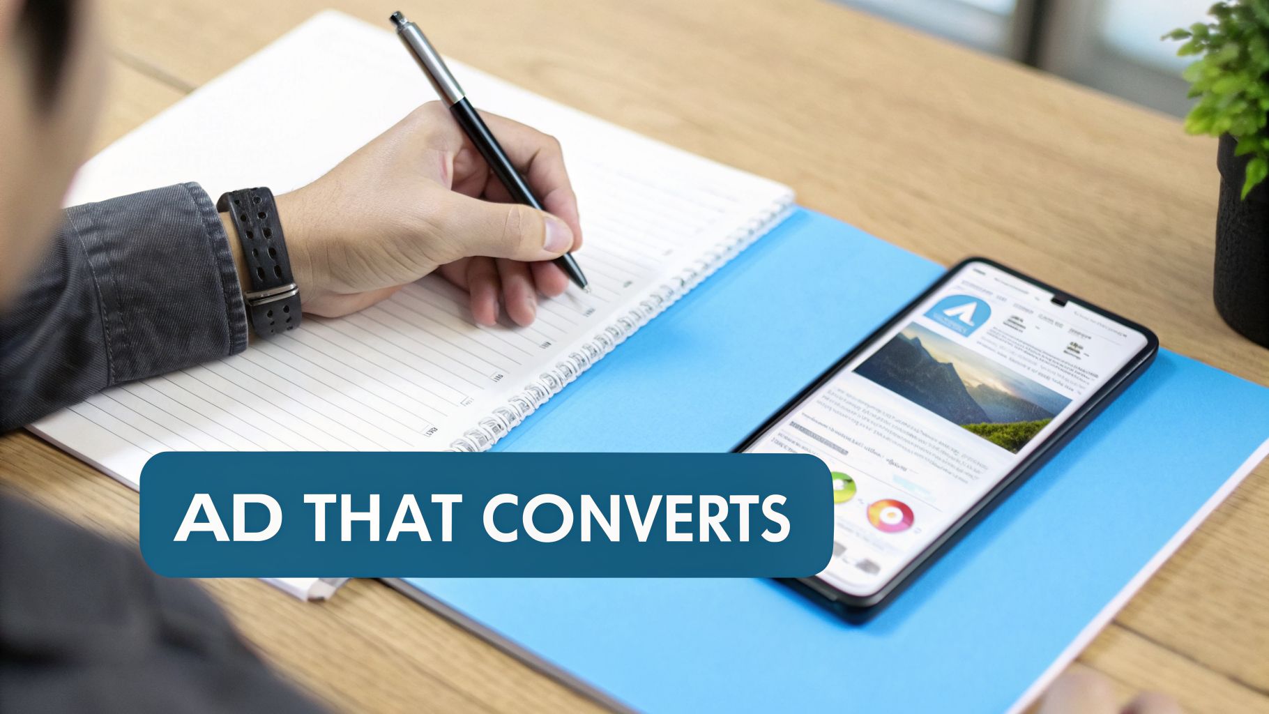 A person writes in a notebook while viewing a smartphone showing a website with mountains and 'AD THAT CONVERTS' text.