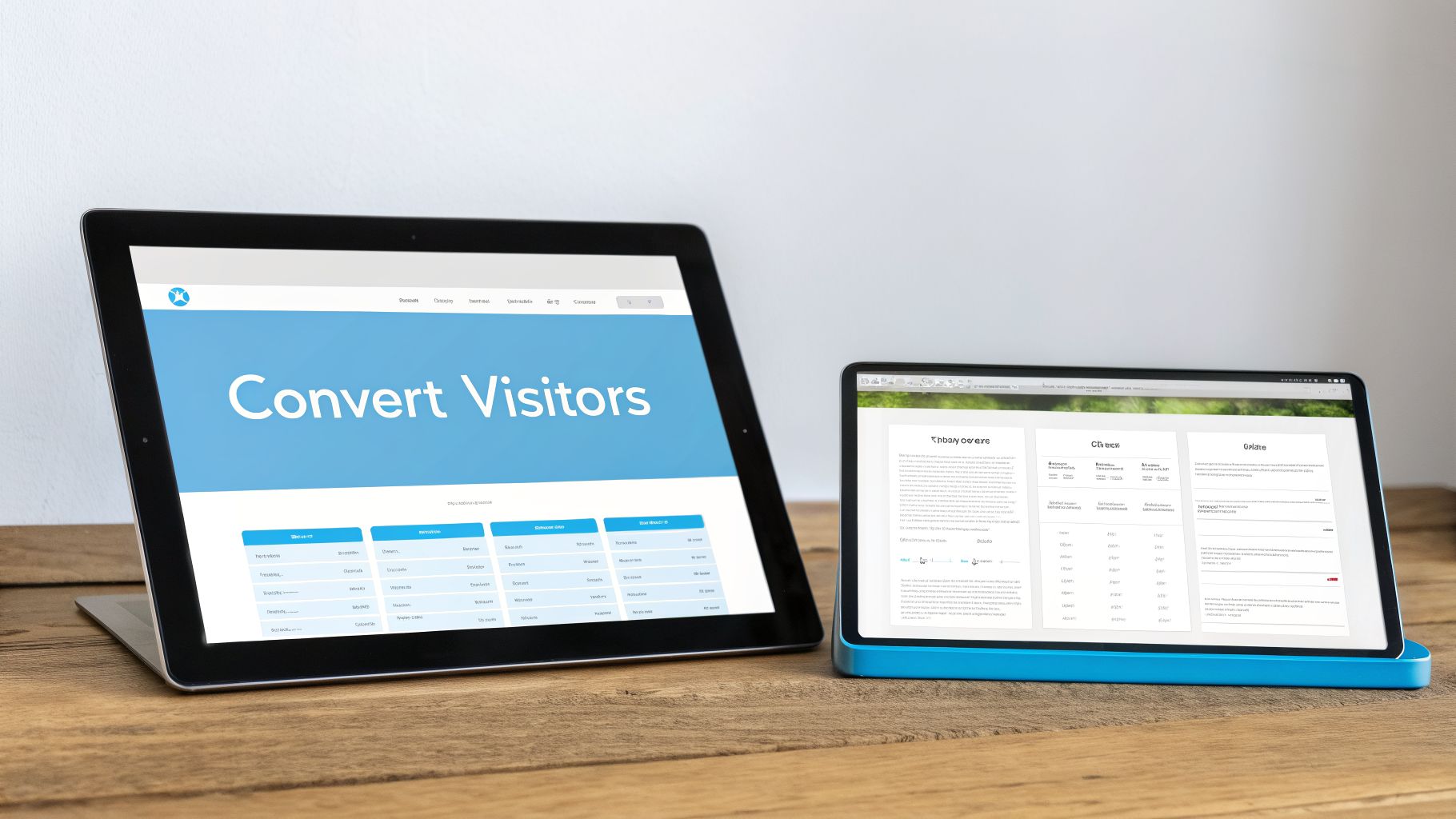 Two digital tablets on a wooden desk displaying website conversion and data analytics interfaces.