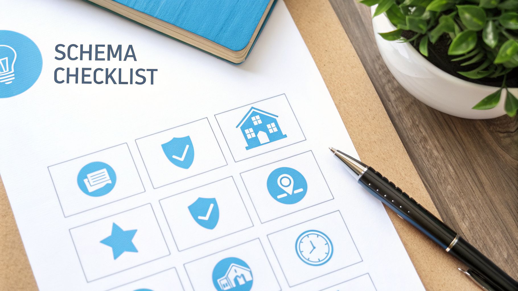 A 'SCHEMA CHECKLIST' paper showing blue icons for properties, security, and more, with a pen.